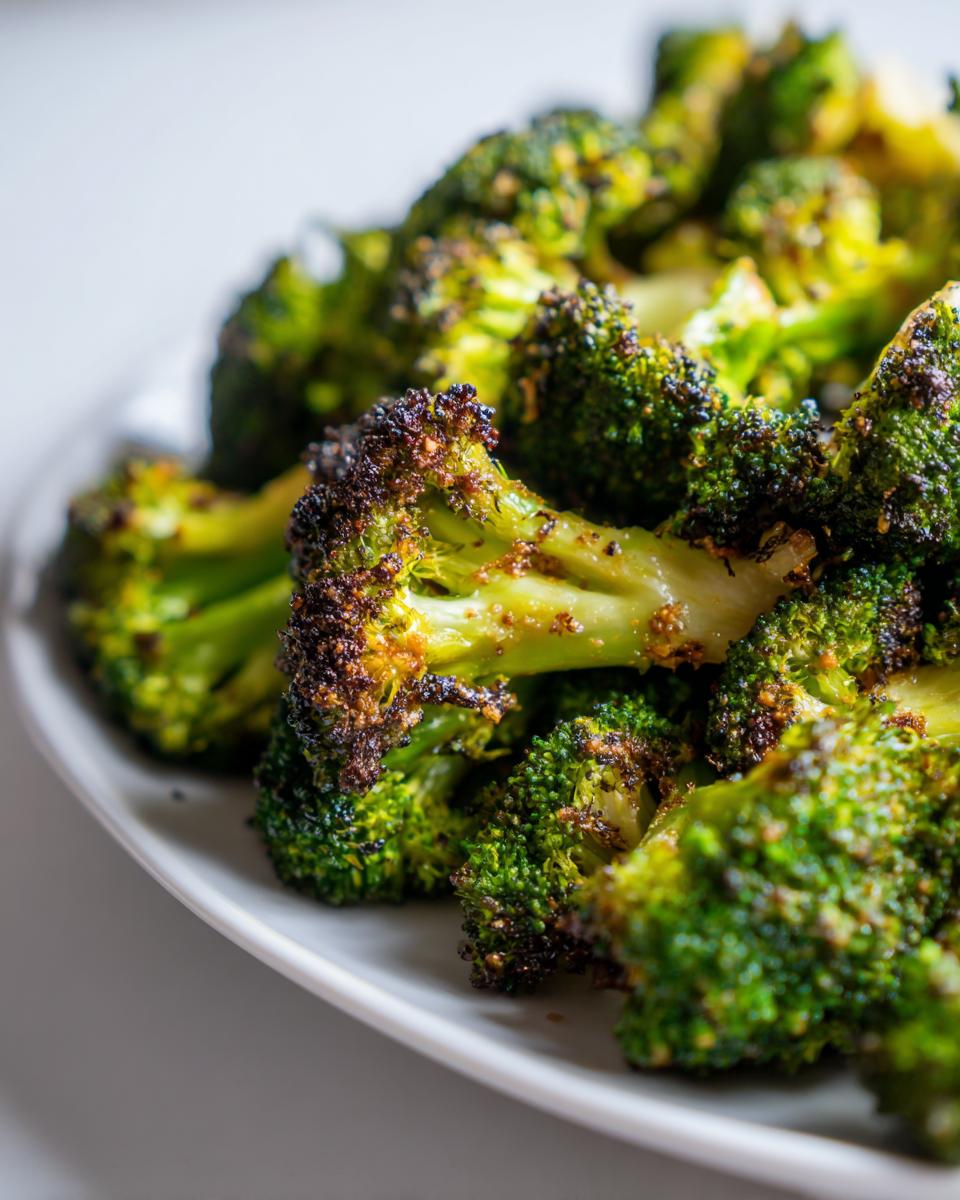 Close-up of vibrant green, perfectly charred roasted broccoli on a white plate.