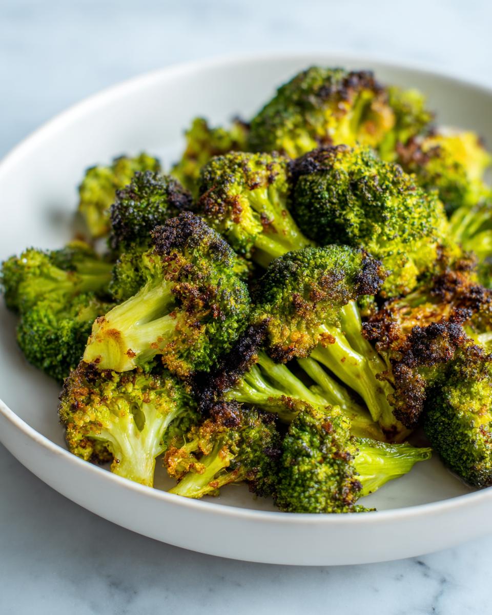 Close-up of perfectly seasoned and charred roasted broccoli florets served in a white bowl.