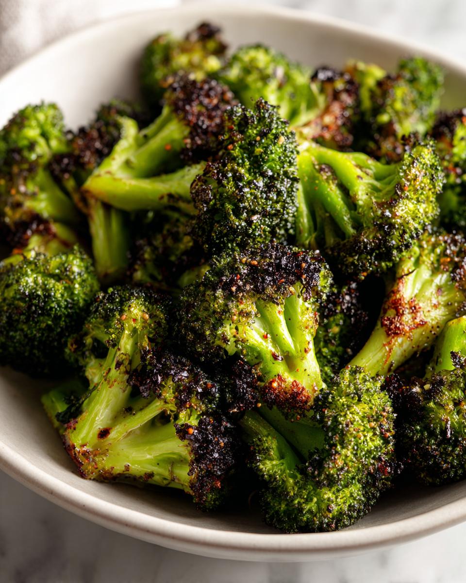 Close-up of bright green, perfectly seasoned roasted broccoli with crispy, dark edges.