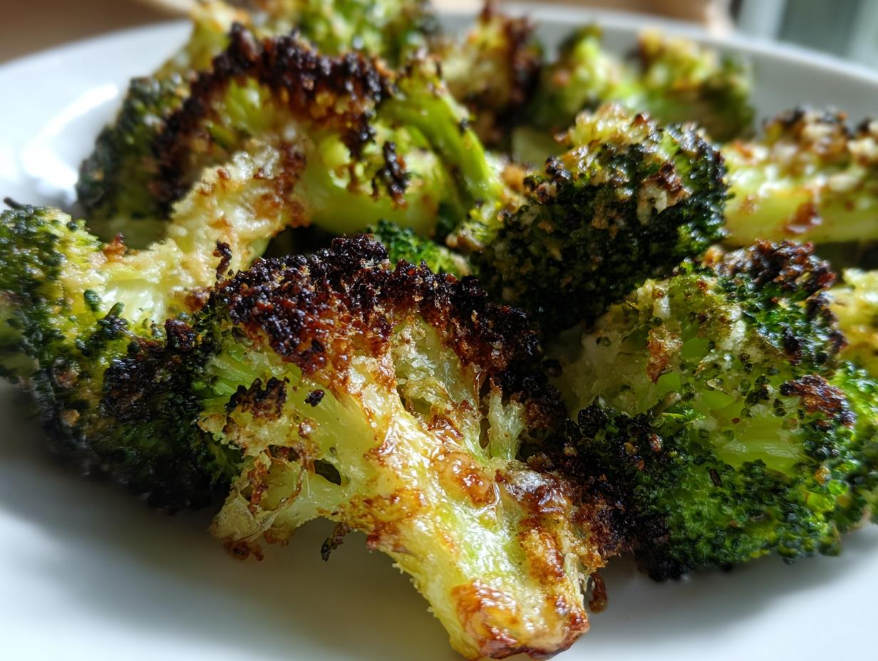 Close-up image of perfectly roasted broccoli florets showing crispy, slightly charred edges and bright green interiors.