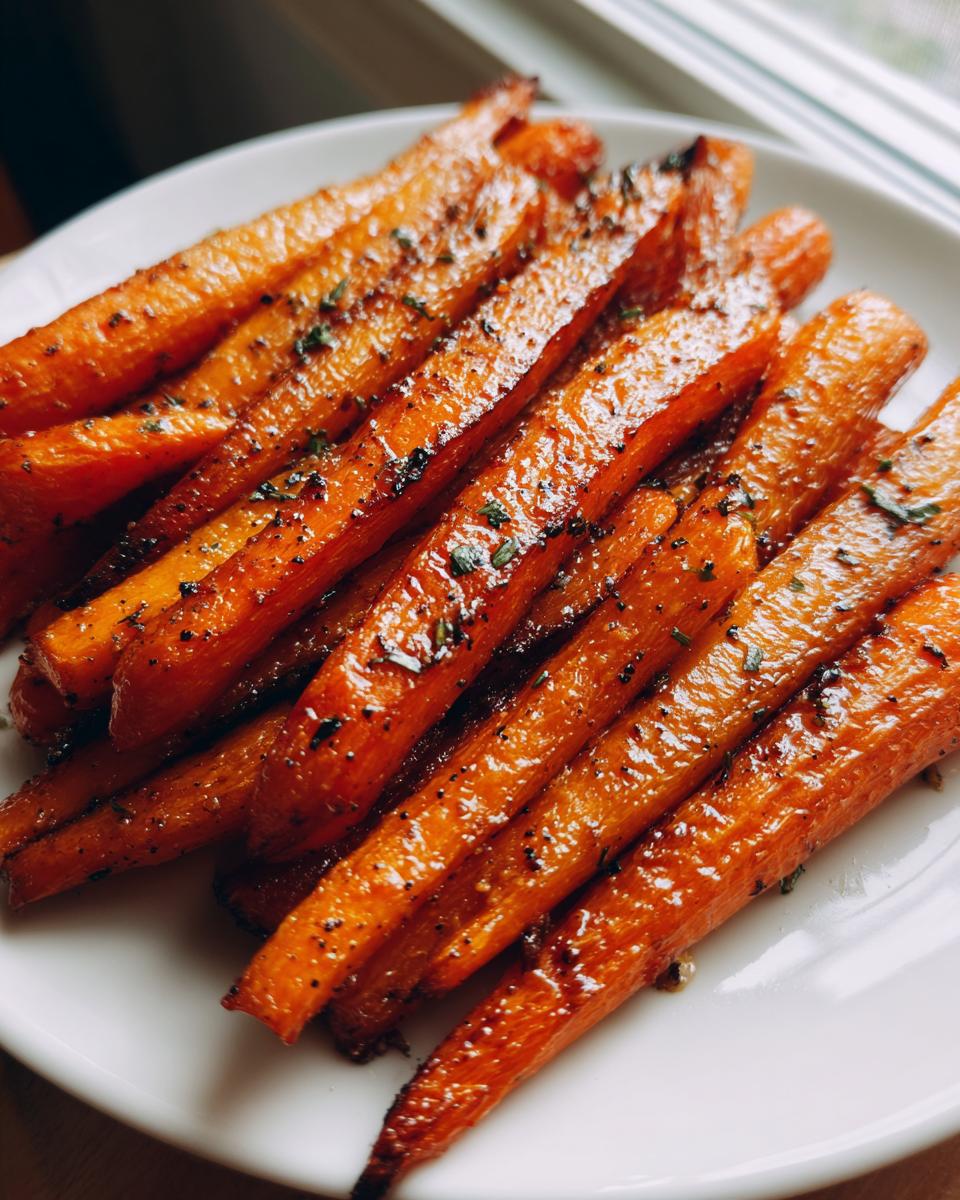 Close-up of glossy, caramelized roasted carrots seasoned with herbs and pepper on a white plate.