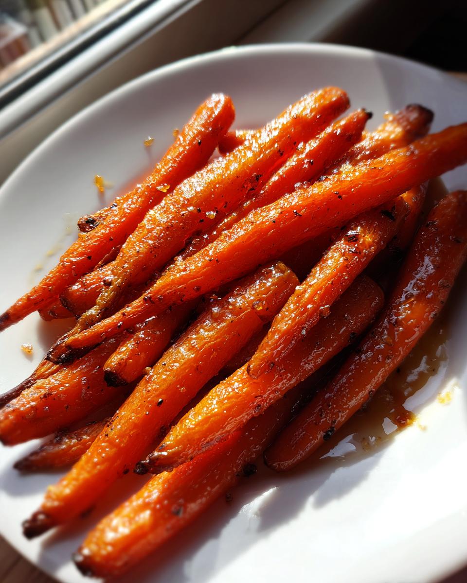 Close-up of glazed, caramelized roasted carrots piled on a white plate, glistening in the sunlight.