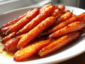 Close-up of shiny, caramelized roasted carrots piled on a white plate, glistening with glaze.