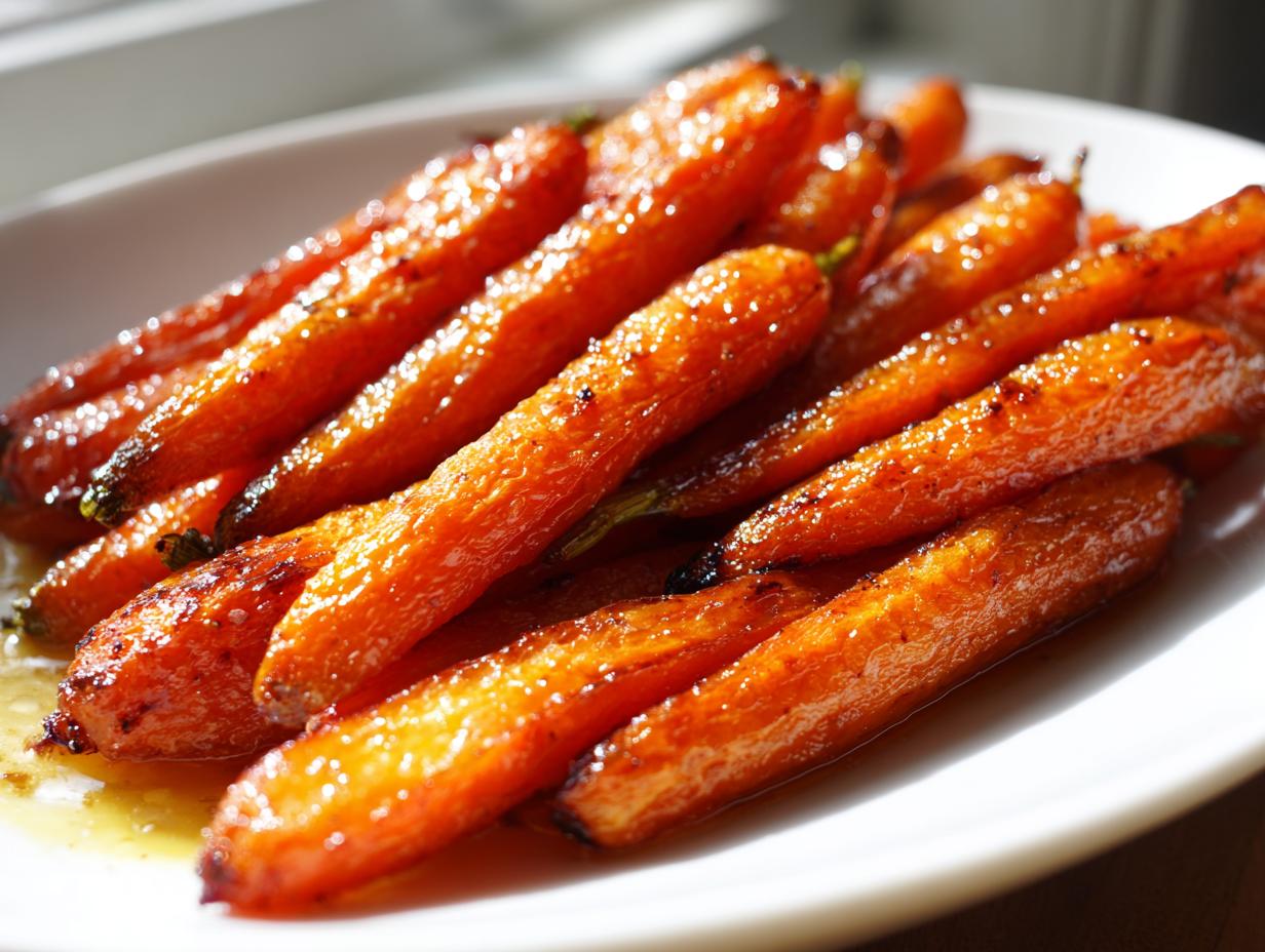 Close-up of shiny, caramelized roasted carrots piled on a white plate, glistening with glaze.
