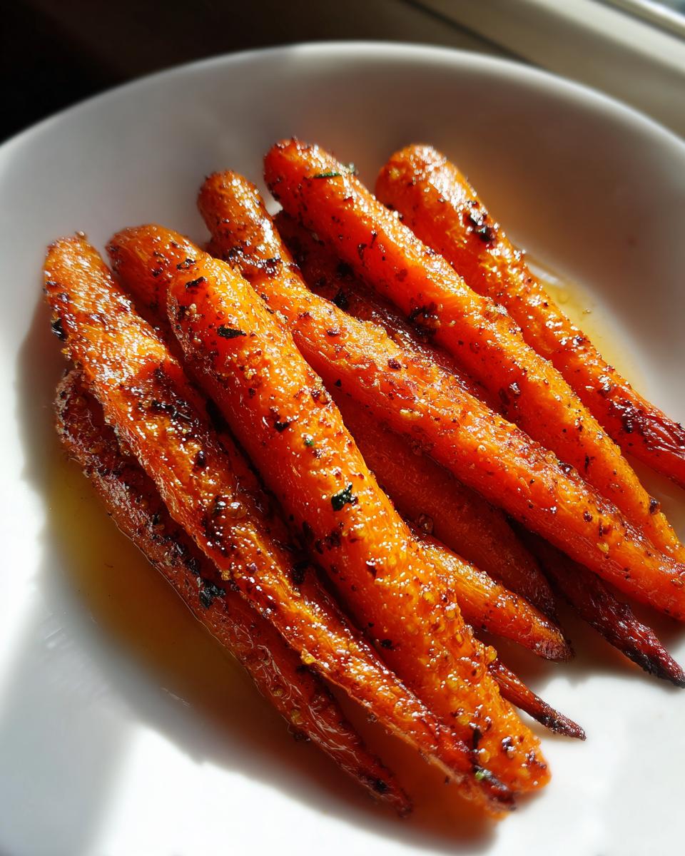 Close-up of perfectly glazed and seasoned roasted carrots resting in a white bowl.
