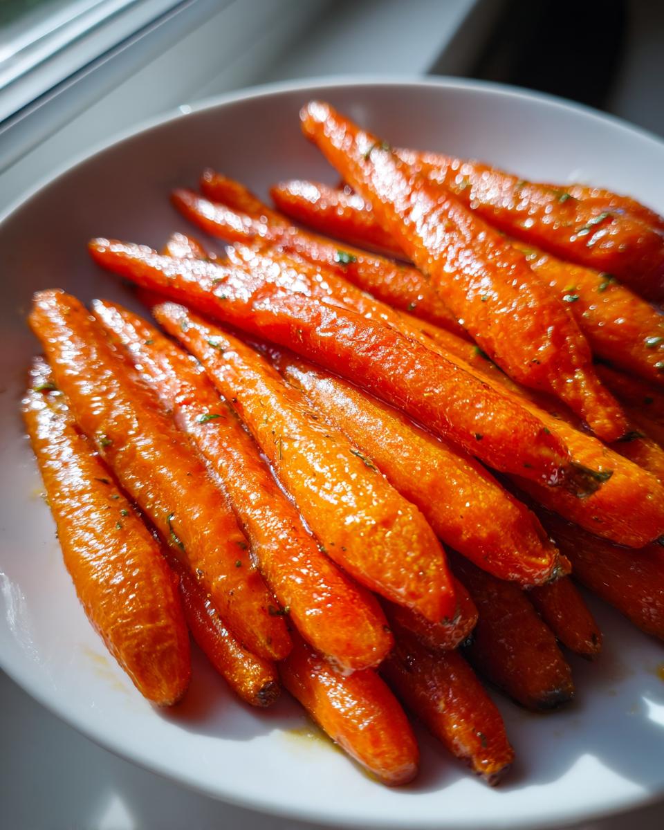 A close-up of shiny, glazed roasted carrots seasoned with herbs, piled high on a white serving dish.