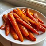 A close-up of shiny, glazed roasted carrots seasoned with pepper, ready to serve.