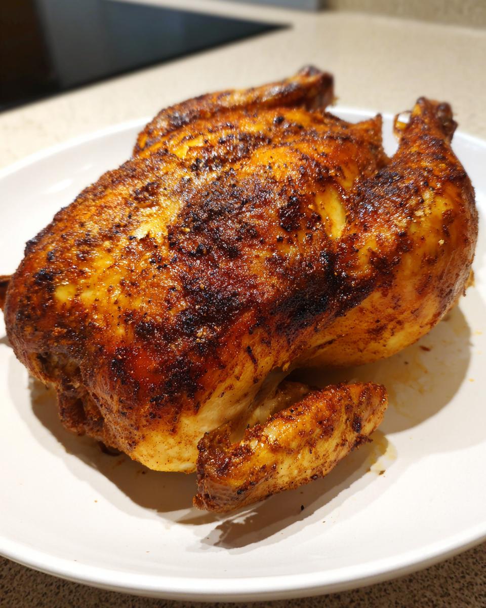 A whole, perfectly roasted spatchcock chicken with deeply browned, seasoned, and crispy skin resting on a white platter.