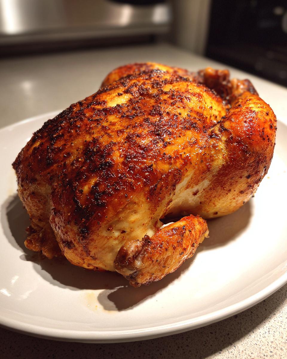 A whole, perfectly roasted spatchcock chicken with deeply browned, seasoned, and crispy skin resting on a white plate.