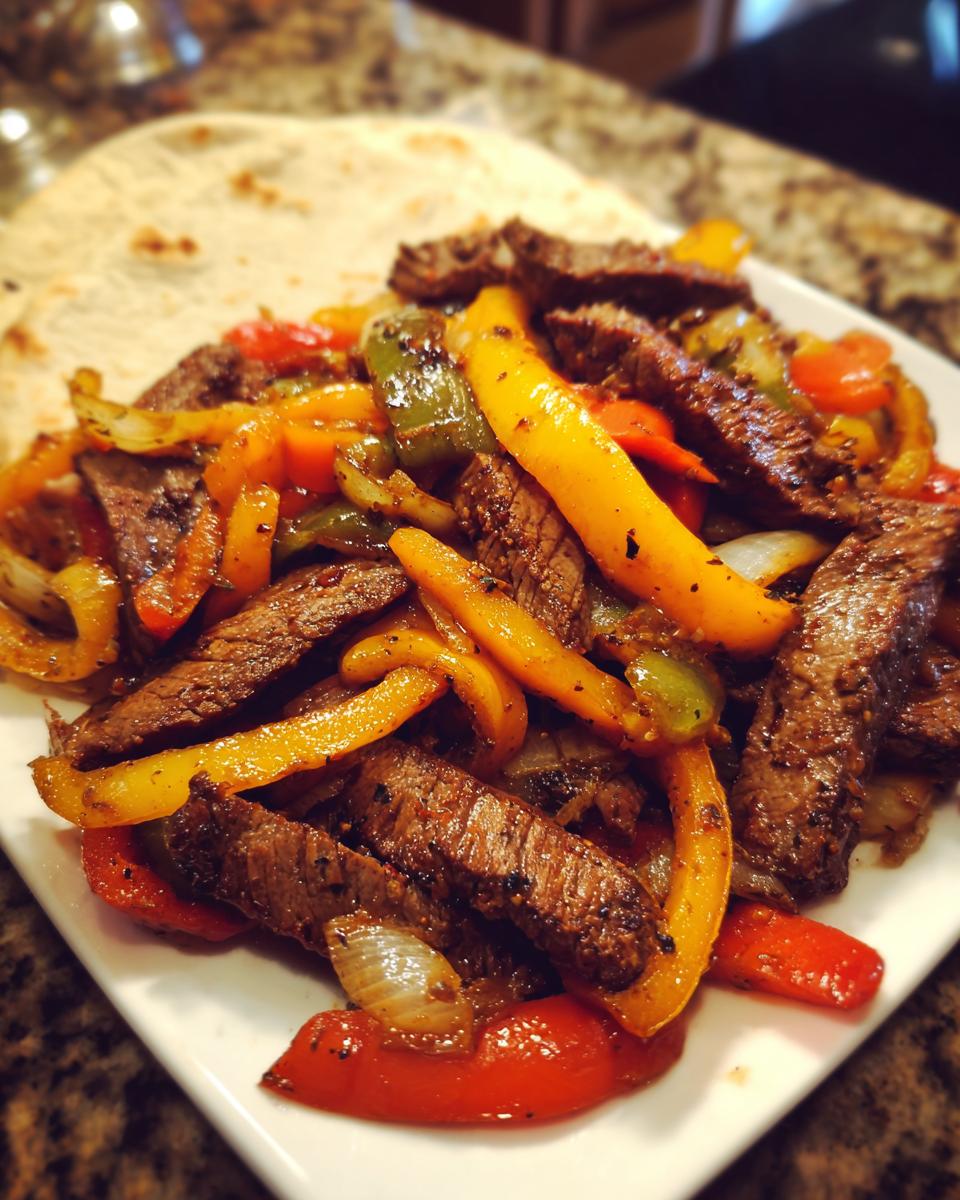 Close-up of perfectly cooked steak fajitas with colorful bell peppers and onions served with a warm tortilla.