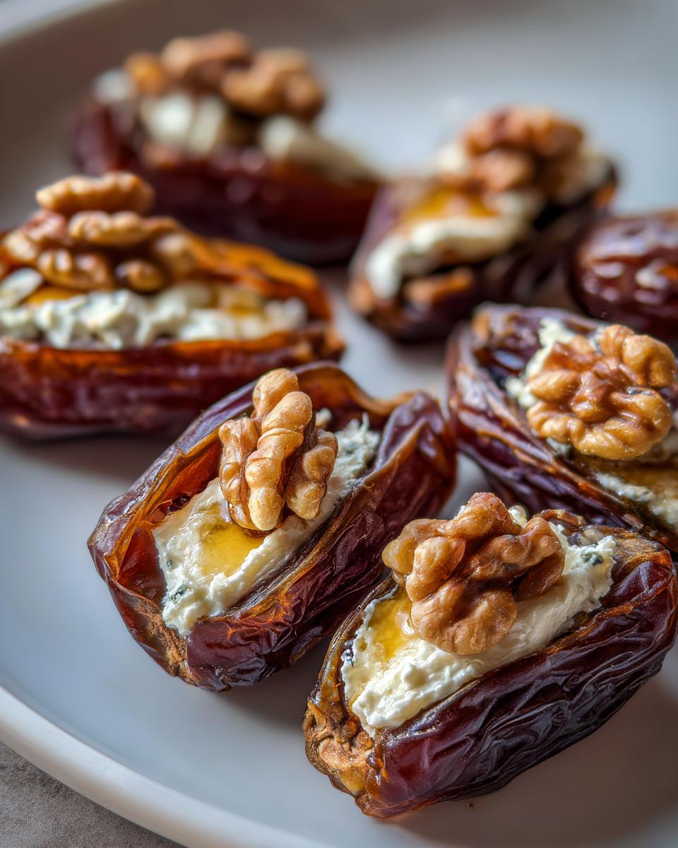 Close-up of several stuffed dates filled with creamy cheese, drizzled with honey, and topped with a walnut half.