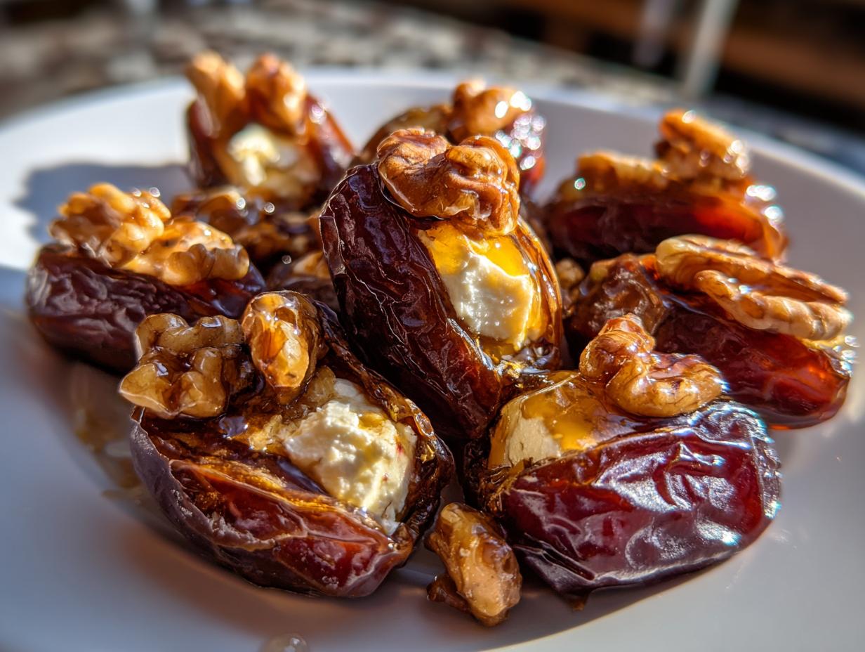 Close-up of several glossy stuffed dates filled with cream cheese and topped with walnuts and honey.