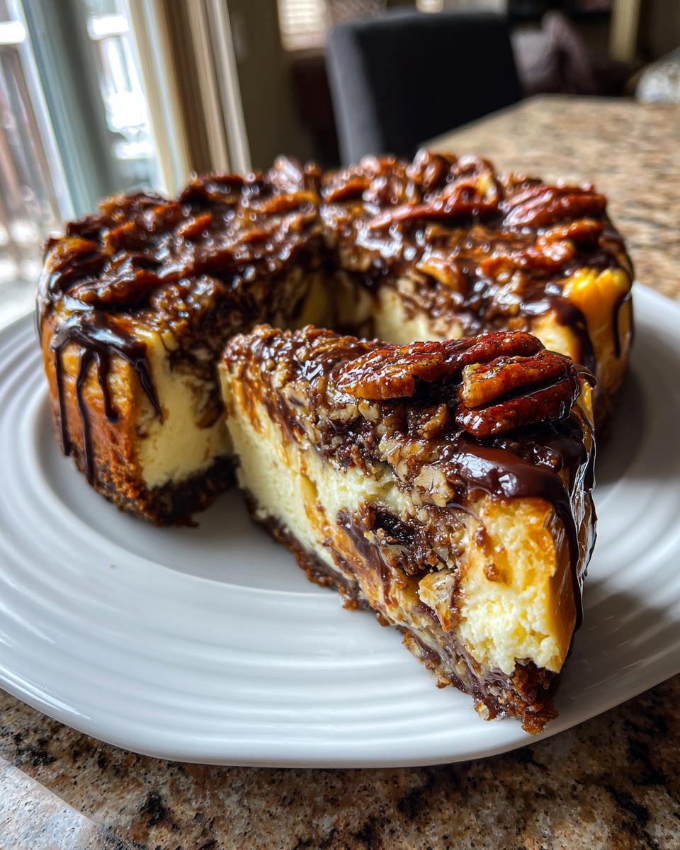 A slice of rich turtle cheesecake topped with caramel, chocolate drizzle, and whole pecans, sitting next to the remaining cake.