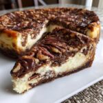 A decadent slice of turtle cheesecake topped with pecans, chocolate drizzle, and caramel swirl.