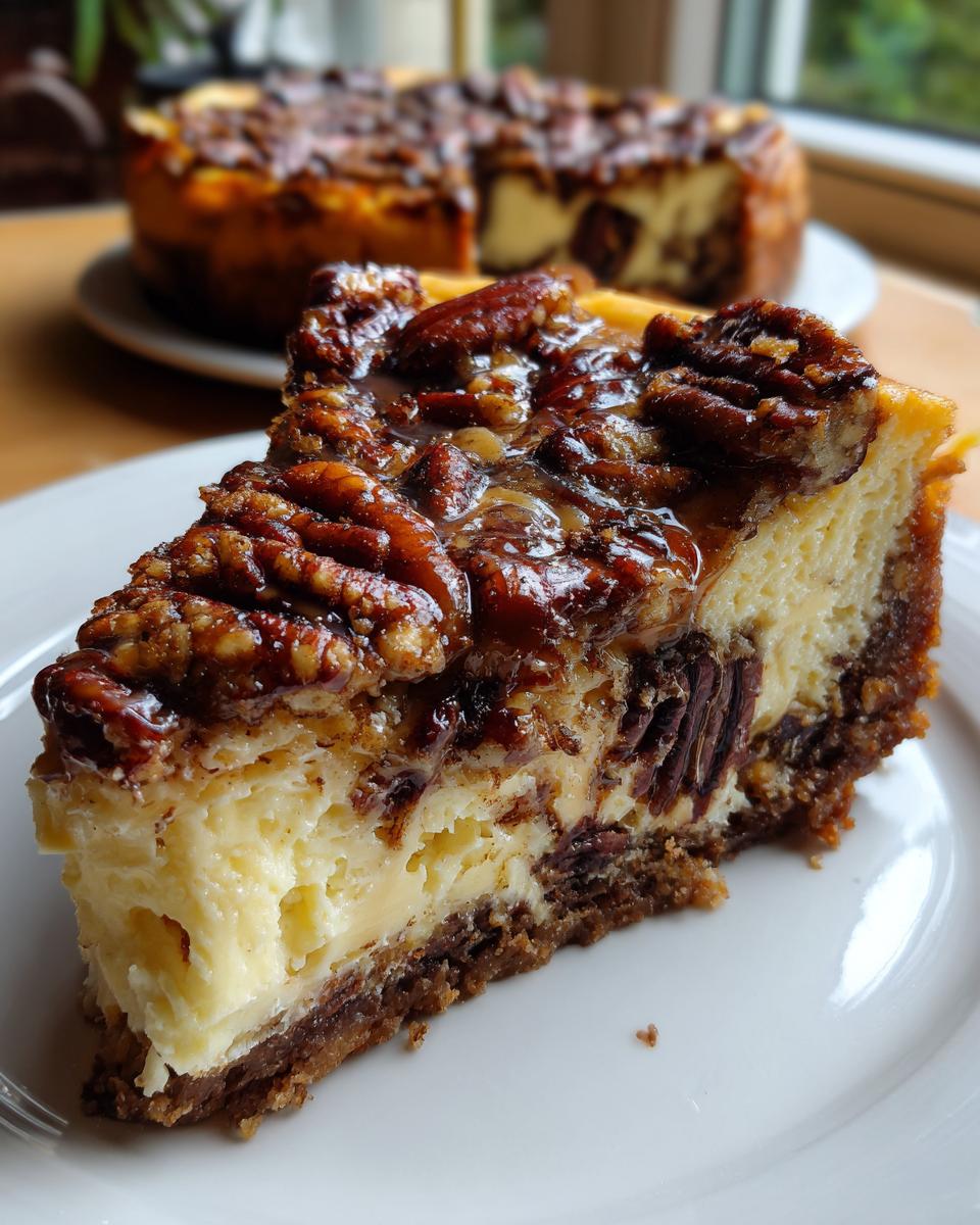 Close-up of a creamy slice of turtle cheesecake topped with sticky caramel and whole pecans.