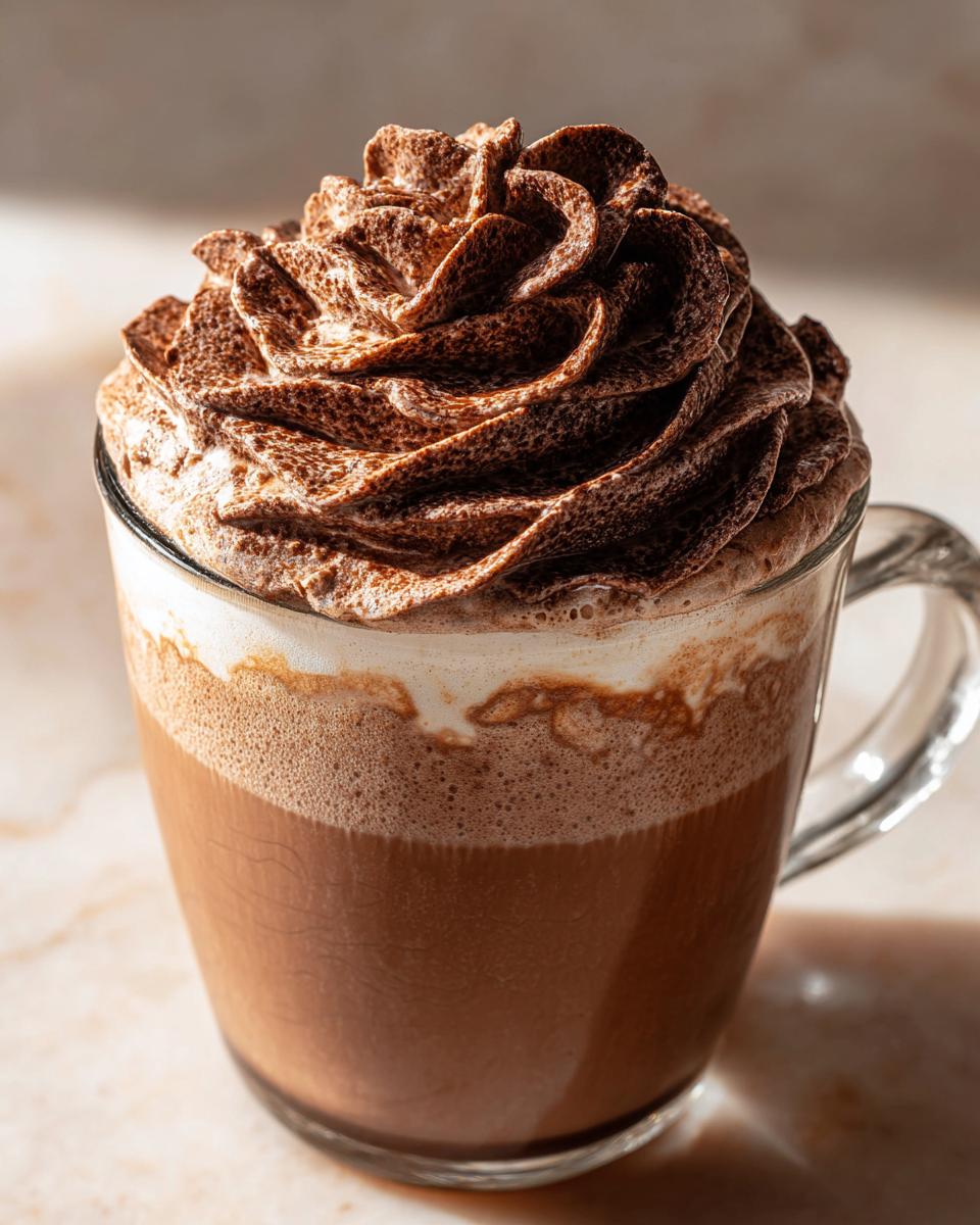 A close-up of a glass mug filled with rich, foamy whipped hot chocolate topped with a swirl of chocolate whipped cream.