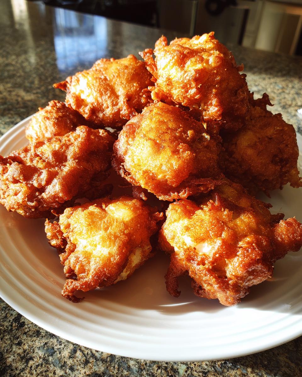 A pile of freshly fried, golden brown Amish Onion Fritters sitting on a white plate.
