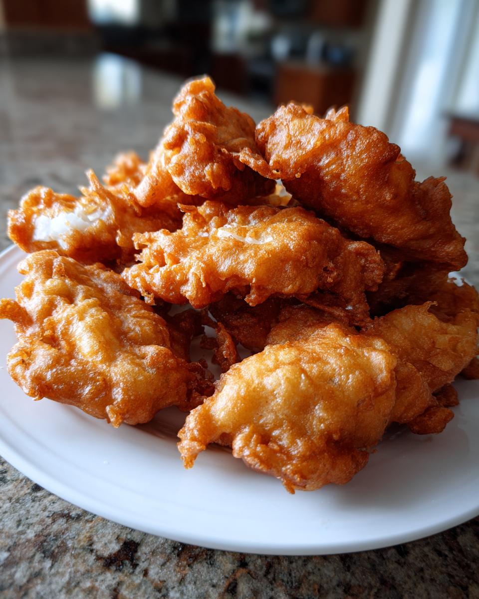 A close-up of a pile of golden-brown, freshly fried Amish Onion Fritters stacked on a white plate.