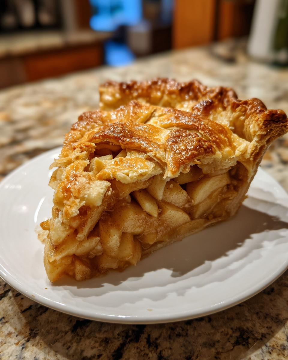 Close-up of a thick slice of homemade apple pie recipe showing flaky crust and cinnamon-spiced apple filling.