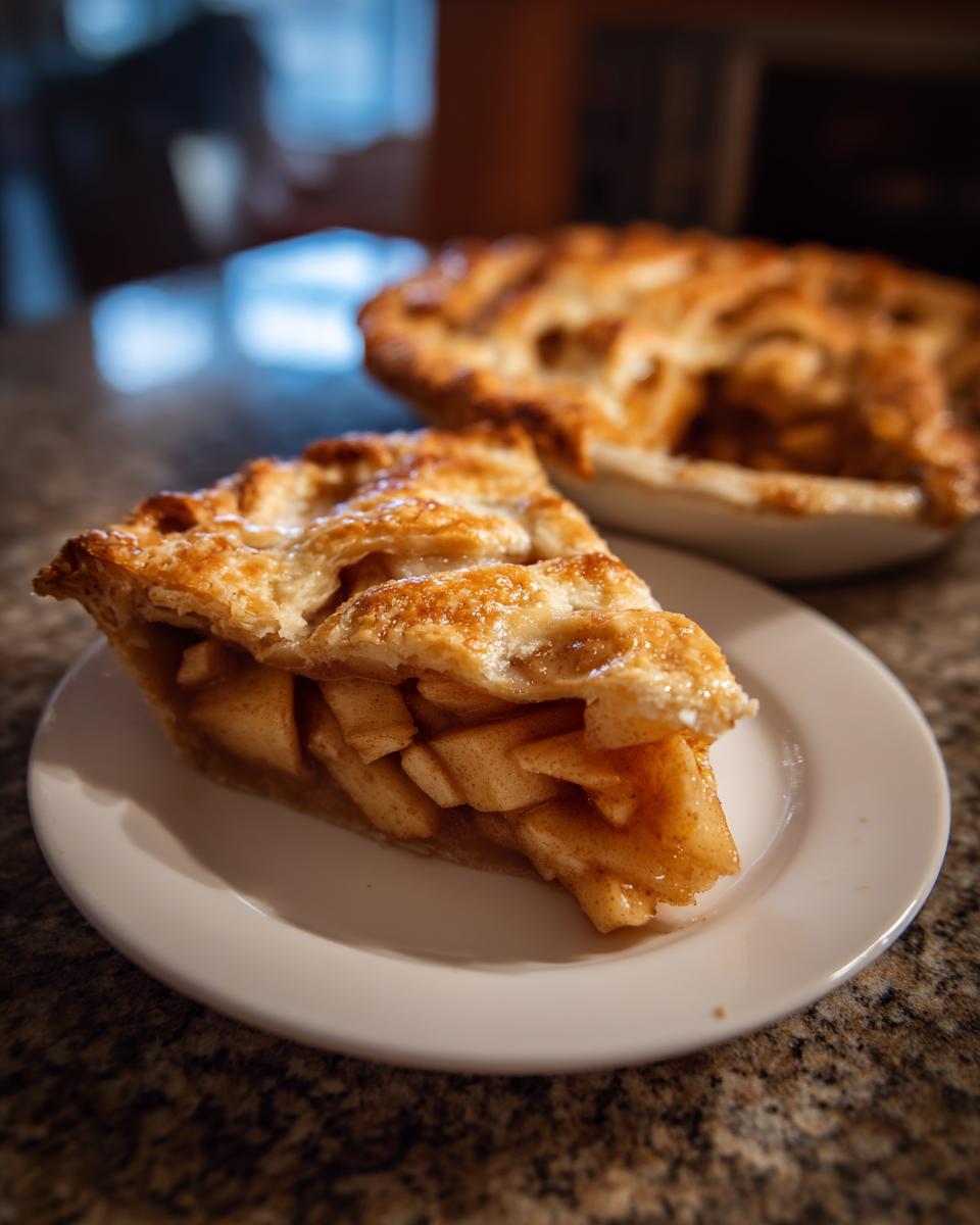 A close-up of a thick slice of apple pie recipe filling with flaky crust on a white plate.