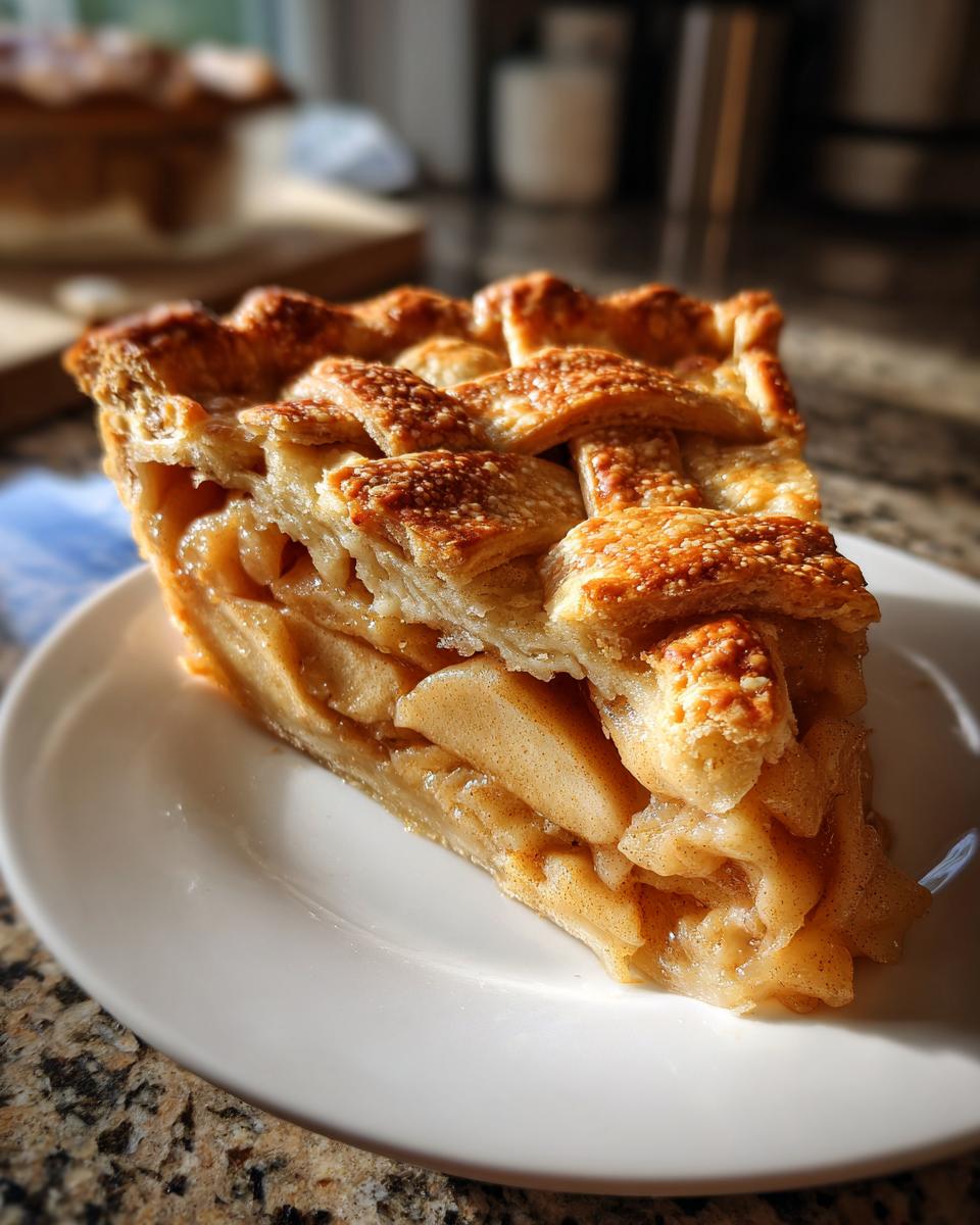 A close-up of a thick slice of homemade apple pie recipe with a golden lattice crust, served on a white plate.