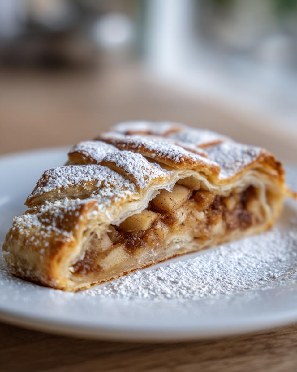 Close-up of a flaky slice of apple strudel dusted generously with powdered sugar on a white plate.