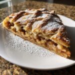 A close-up slice of flaky apple strudel filled with spiced apples, dusted heavily with powdered sugar.
