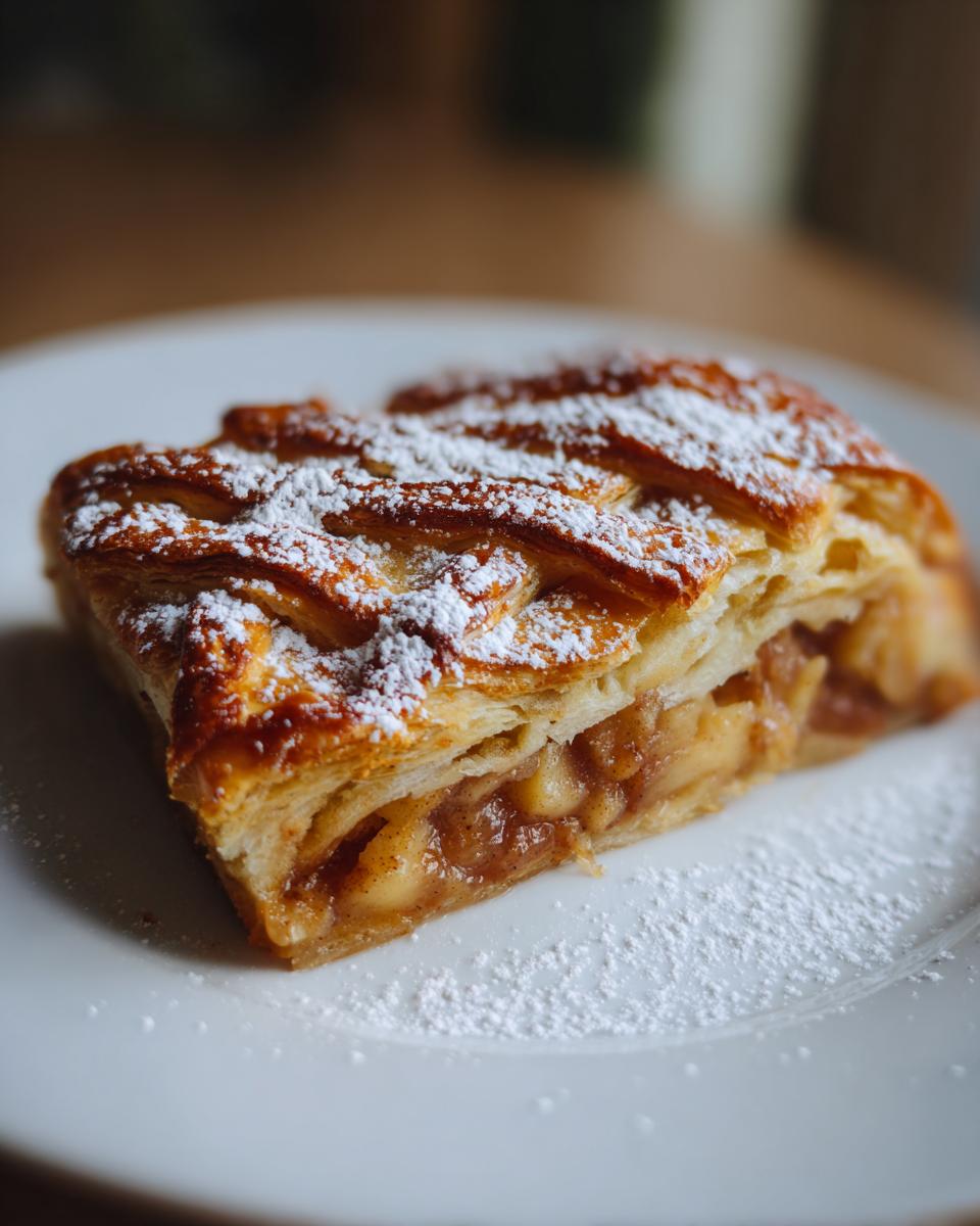 Close-up of a flaky slice of apple strudel topped with powdered sugar on a white plate.
