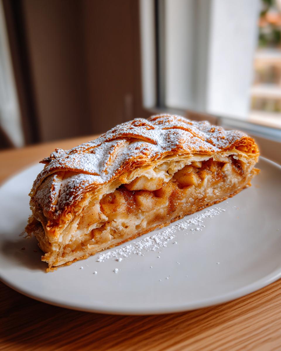 A close-up of a flaky slice of apple strudel dusted with powdered sugar on a white plate.