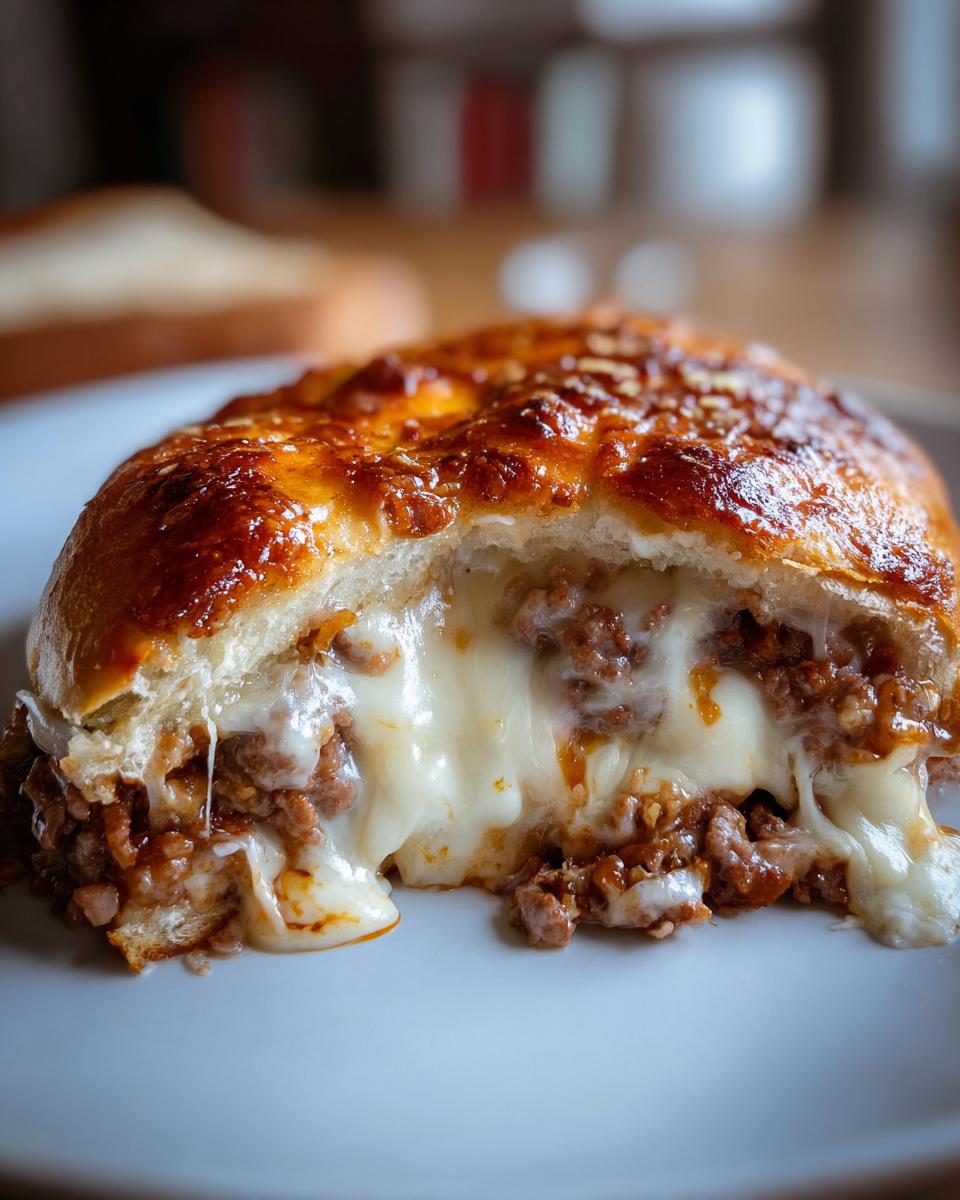 Close-up of a slice of bacon cheeseburger casserole oozing with melted cheese and seasoned ground meat.