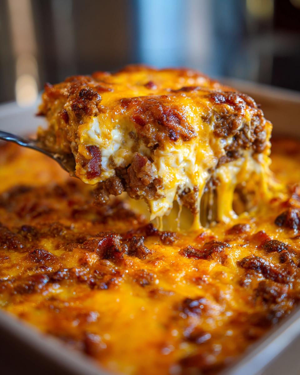 A spoonful of gooey bacon cheeseburger casserole being lifted, showing melted cheese strings.