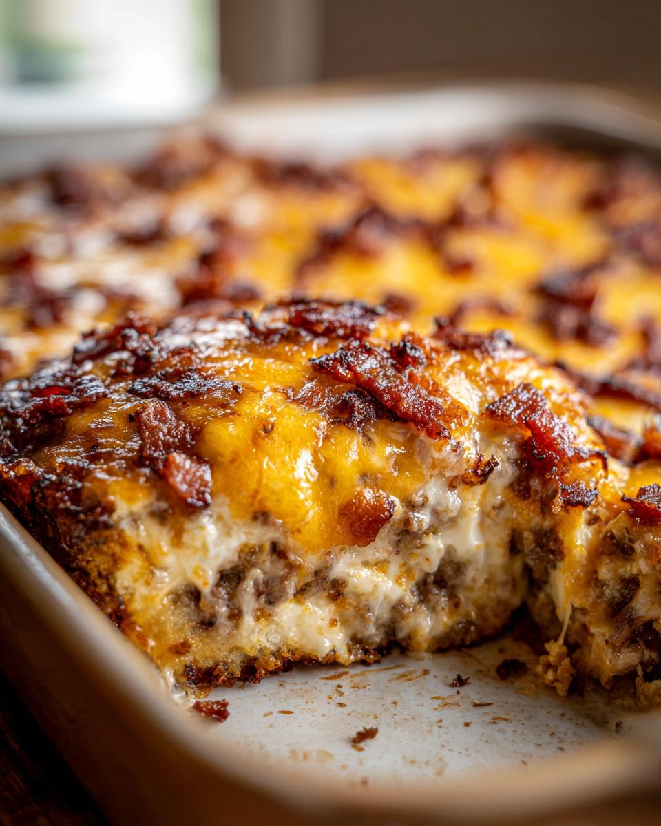 A close-up view of a serving removed from a baked bacon cheeseburger casserole, showing melted cheese and bacon topping.