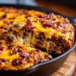 A slice being lifted from a hot bacon cheeseburger casserole topped with melted cheddar and bacon bits.