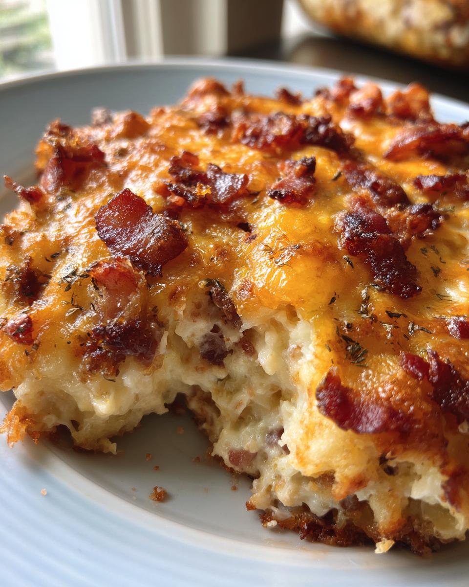 Close-up of a serving of bacon cheeseburger casserole, showing a cheesy, creamy interior topped with crispy bacon bits.