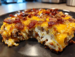 Close-up of a serving of bacon cheeseburger casserole showing ground meat, creamy egg mixture, and a top layer of melted cheddar and bacon.