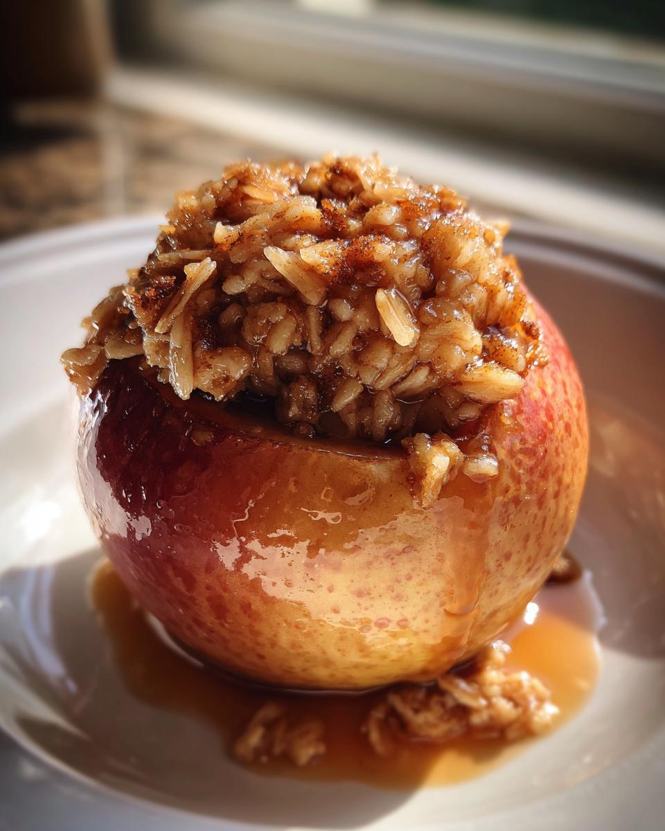 A single, glistening baked apples dessert topped high with a cinnamon-spiced oat or rice filling, sitting in caramel sauce.