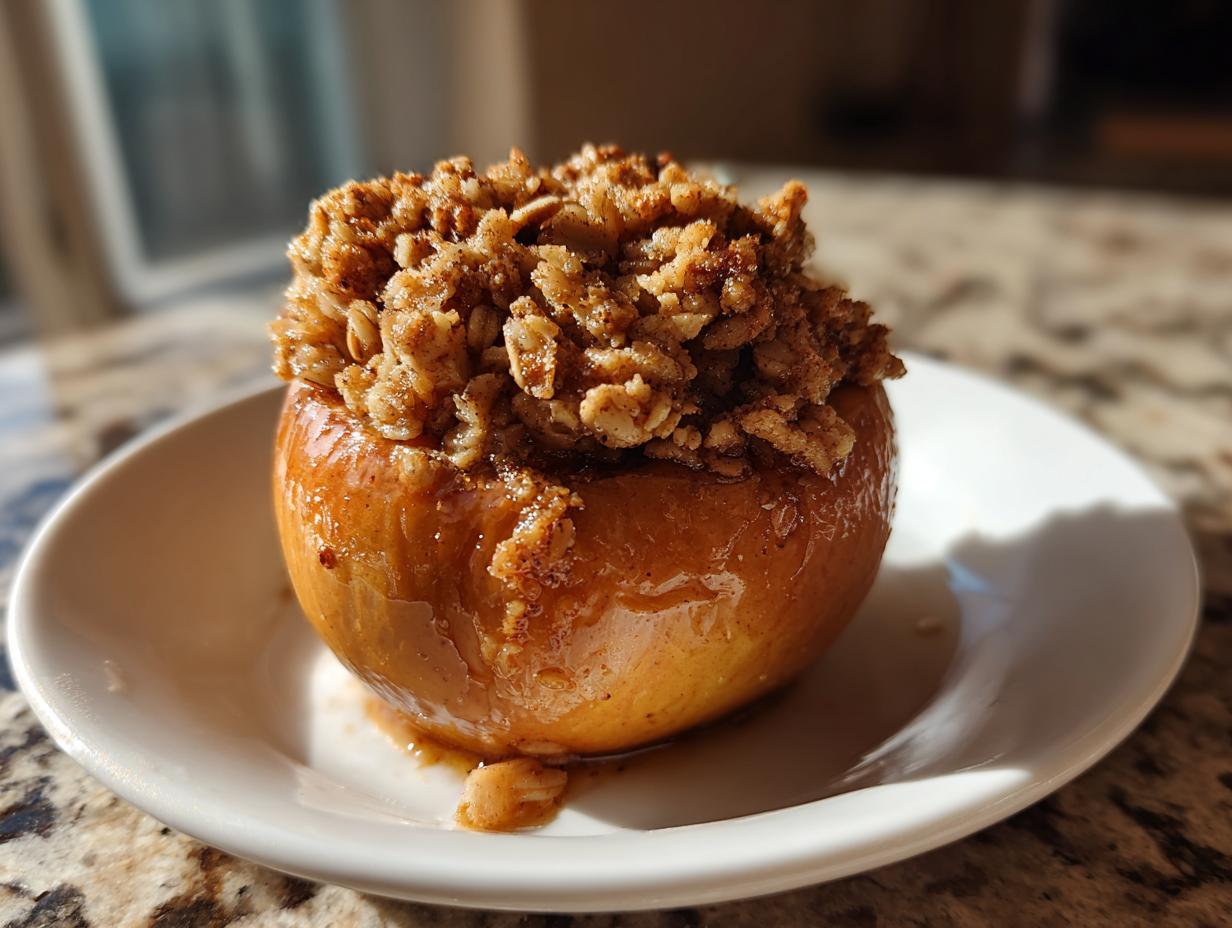 A single, glistening baked apple topped generously with a cinnamon oat crumble, served on a white plate.