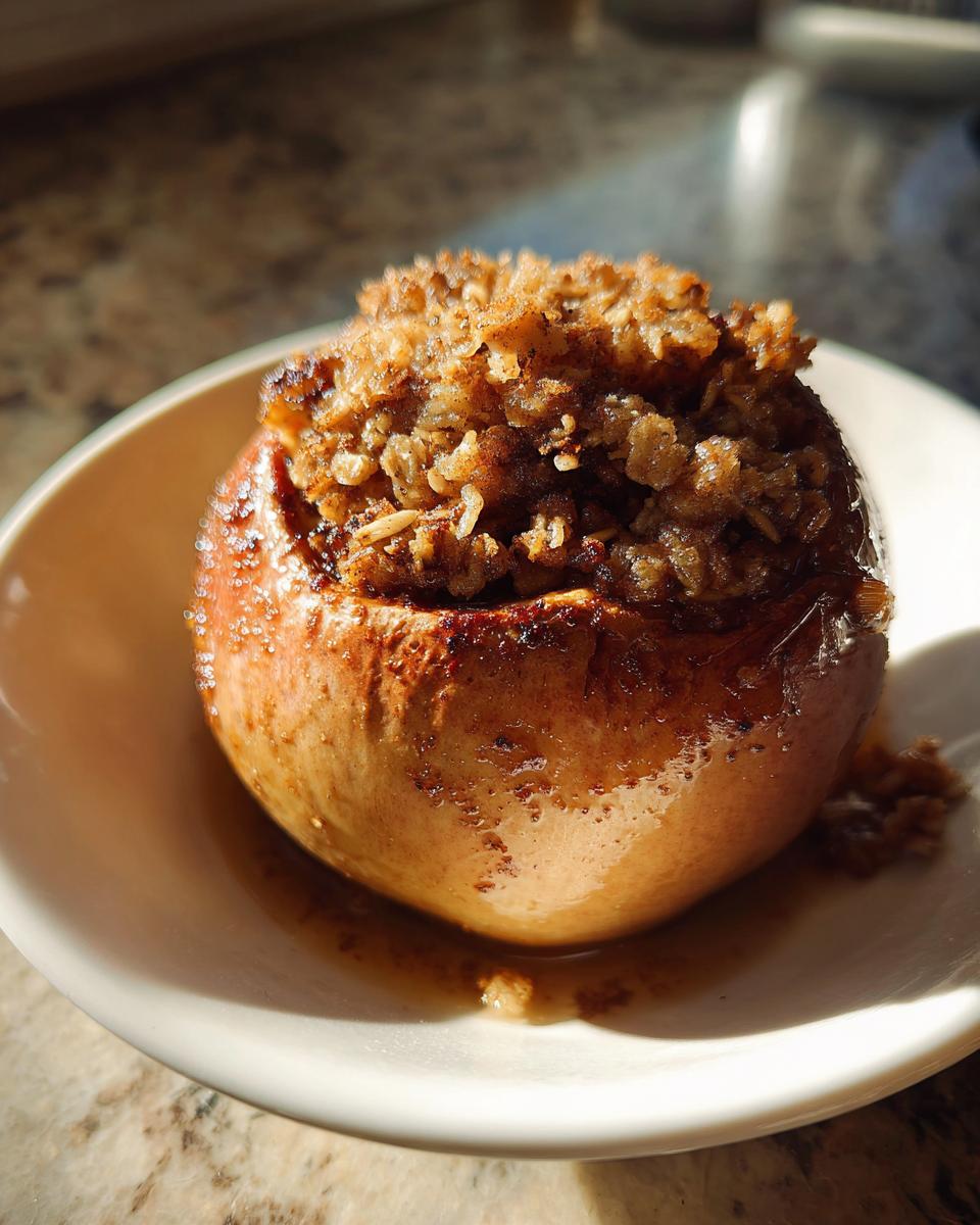 A single, glossy baked apple served in a white bowl, topped with a brown oat crumble filling.