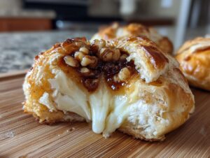 Close-up of a piece of baked brie wrapped in pastry, oozing melted cheese and topped with glazed walnuts.