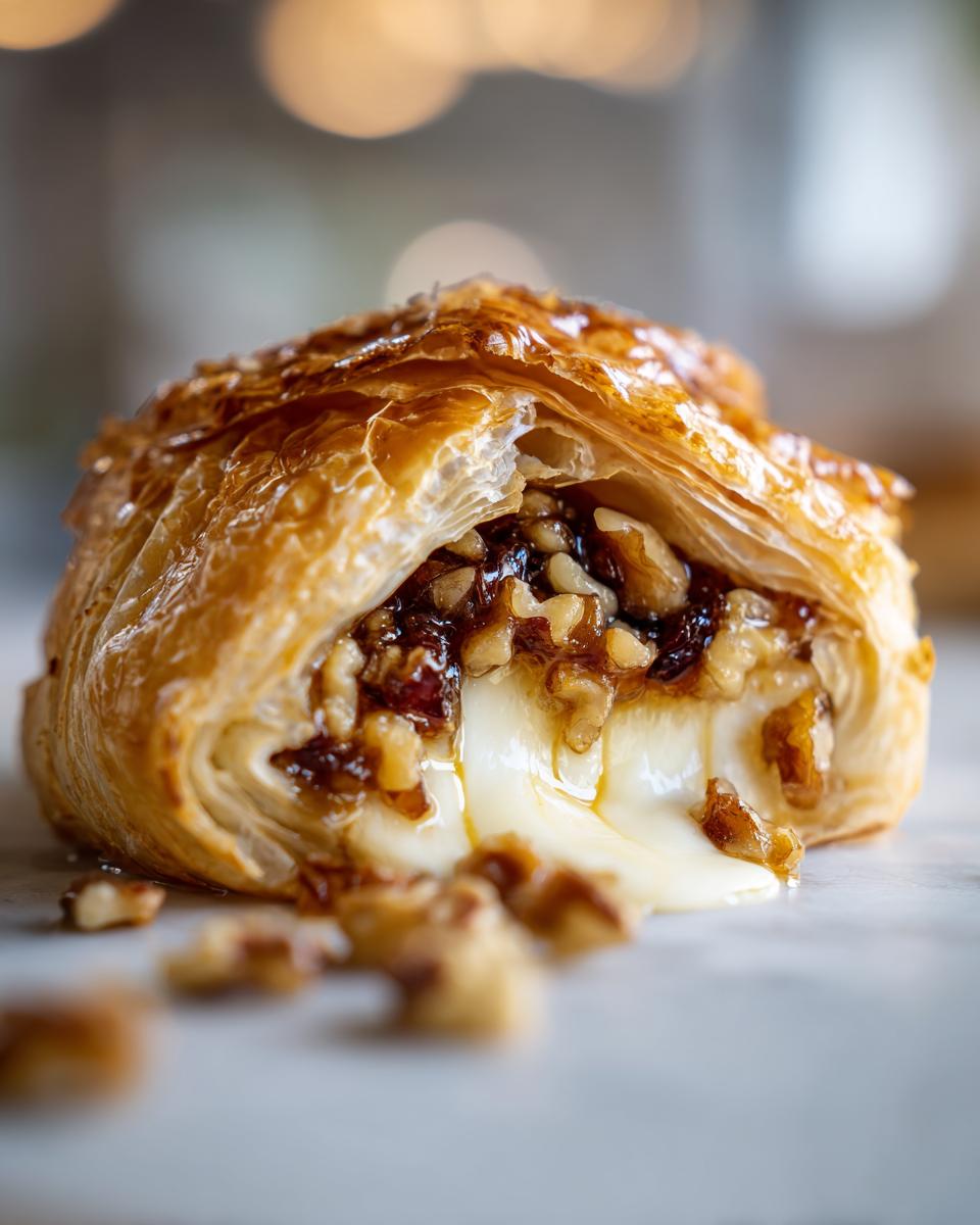 Close-up of a piece of baked brie wrapped in flaky pastry, oozing melted cheese and topped with a pecan/walnut glaze.