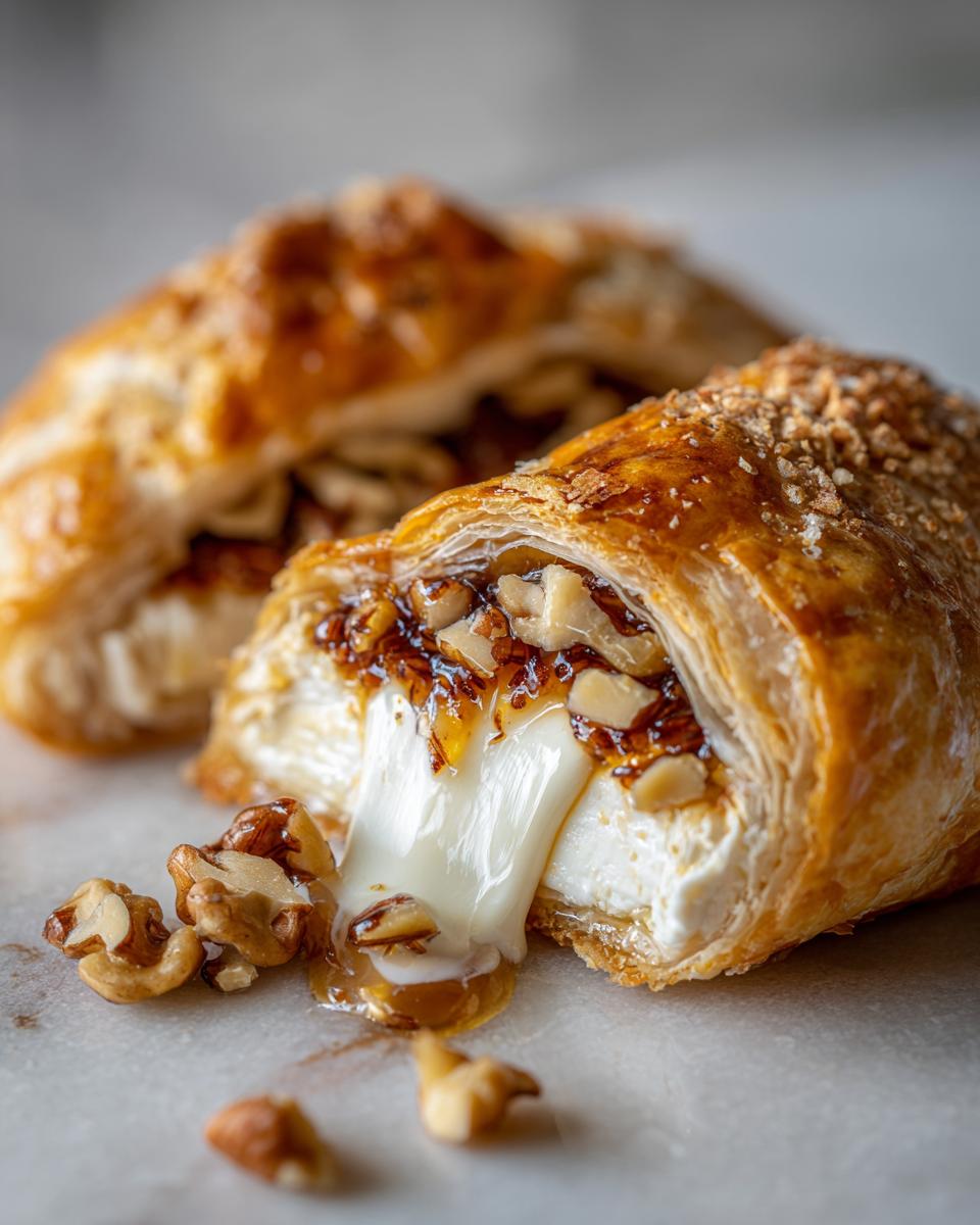 Close-up of a slice of baked brie wrapped in flaky pastry, oozing melted cheese, honey, and walnuts.