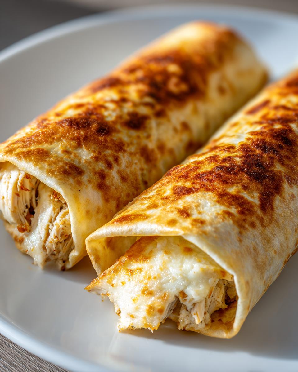 Two golden-brown Baked Chicken Chimichangas filled with shredded chicken and melted cheese on a white plate.