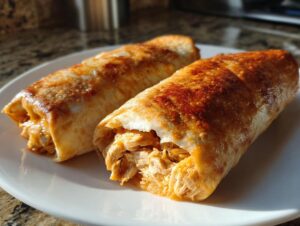 Two golden-brown, freshly baked chicken chimichangas showing shredded chicken filling, served on a white plate.