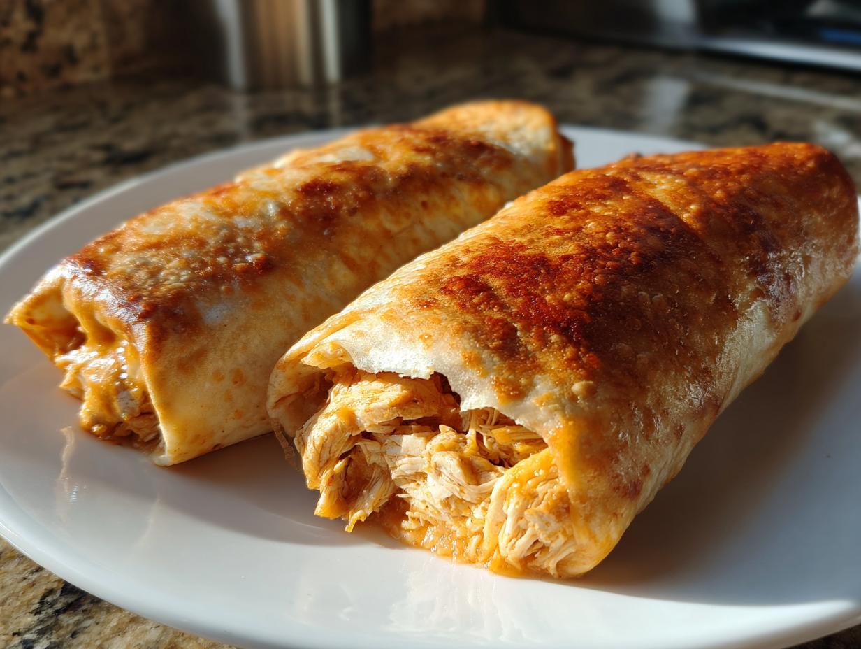 Two golden-brown, freshly baked chicken chimichangas showing shredded chicken filling, served on a white plate.