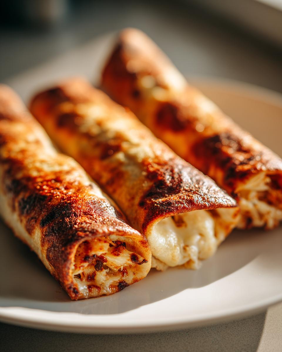 Three golden-brown, crispy Baked Chicken Chimichangas showing melted cheese filling, served on a white plate.
