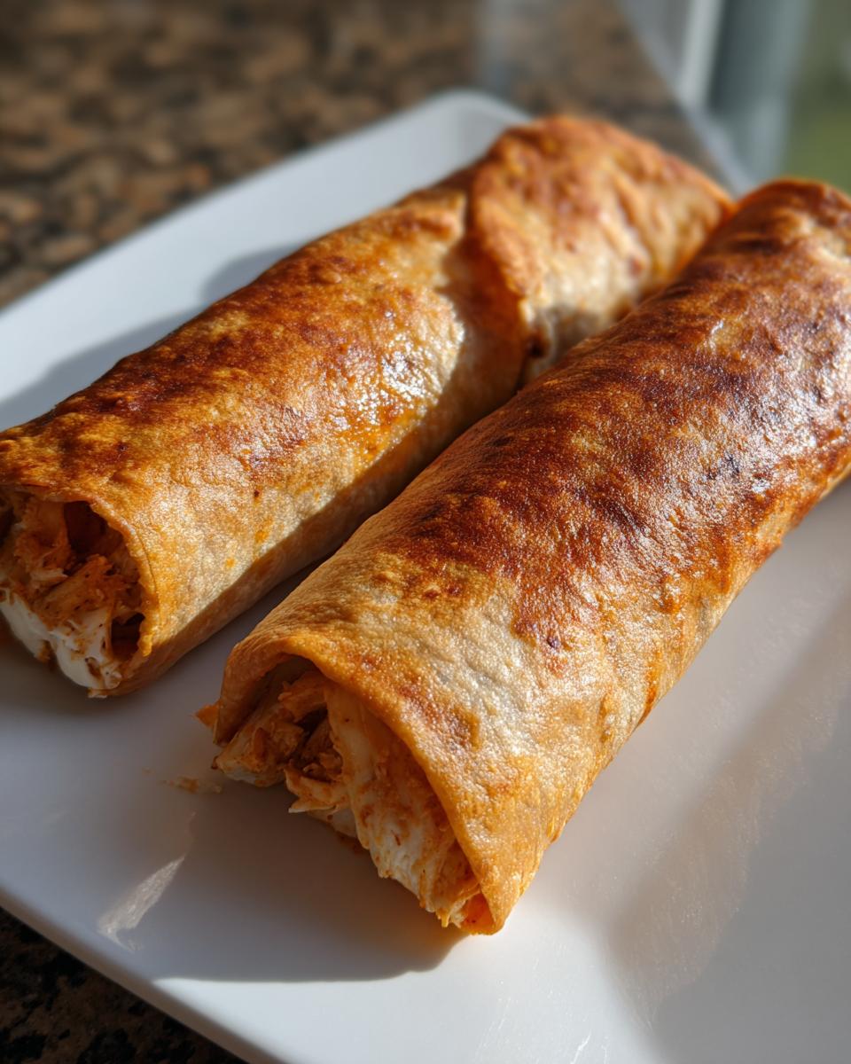 Two golden-brown, crispy Baked Chicken Chimichangas resting on a white plate, showing shredded chicken filling.