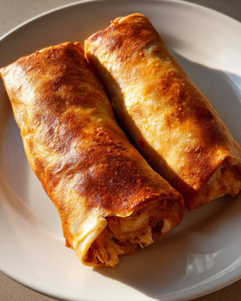 Two golden-brown Baked Chicken Chimichangas resting on a white plate, showing the shredded chicken filling.
