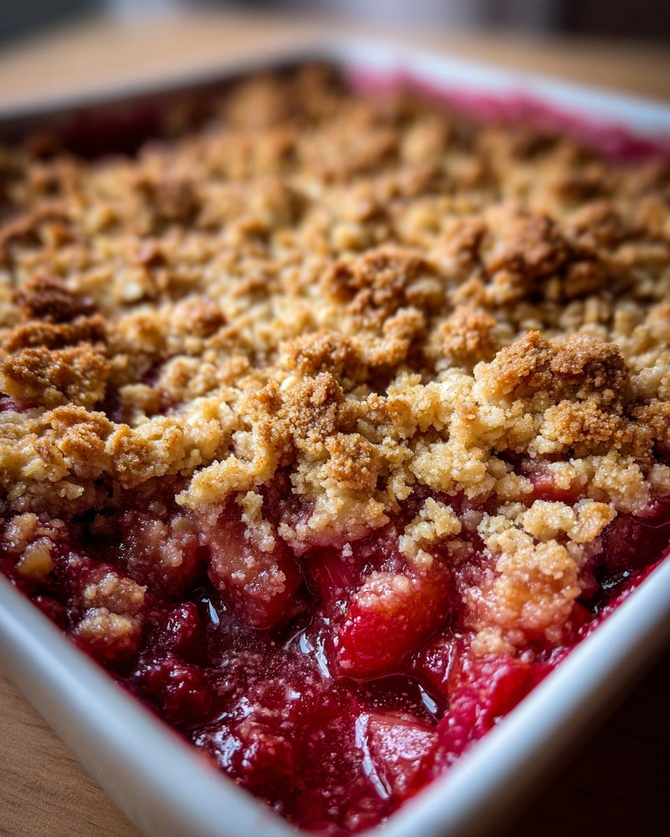 A close-up, macro shot of a freshly baked rhubarb crisp showing the bubbling, bright red fruit filling beneath a golden, crumbly topping.
