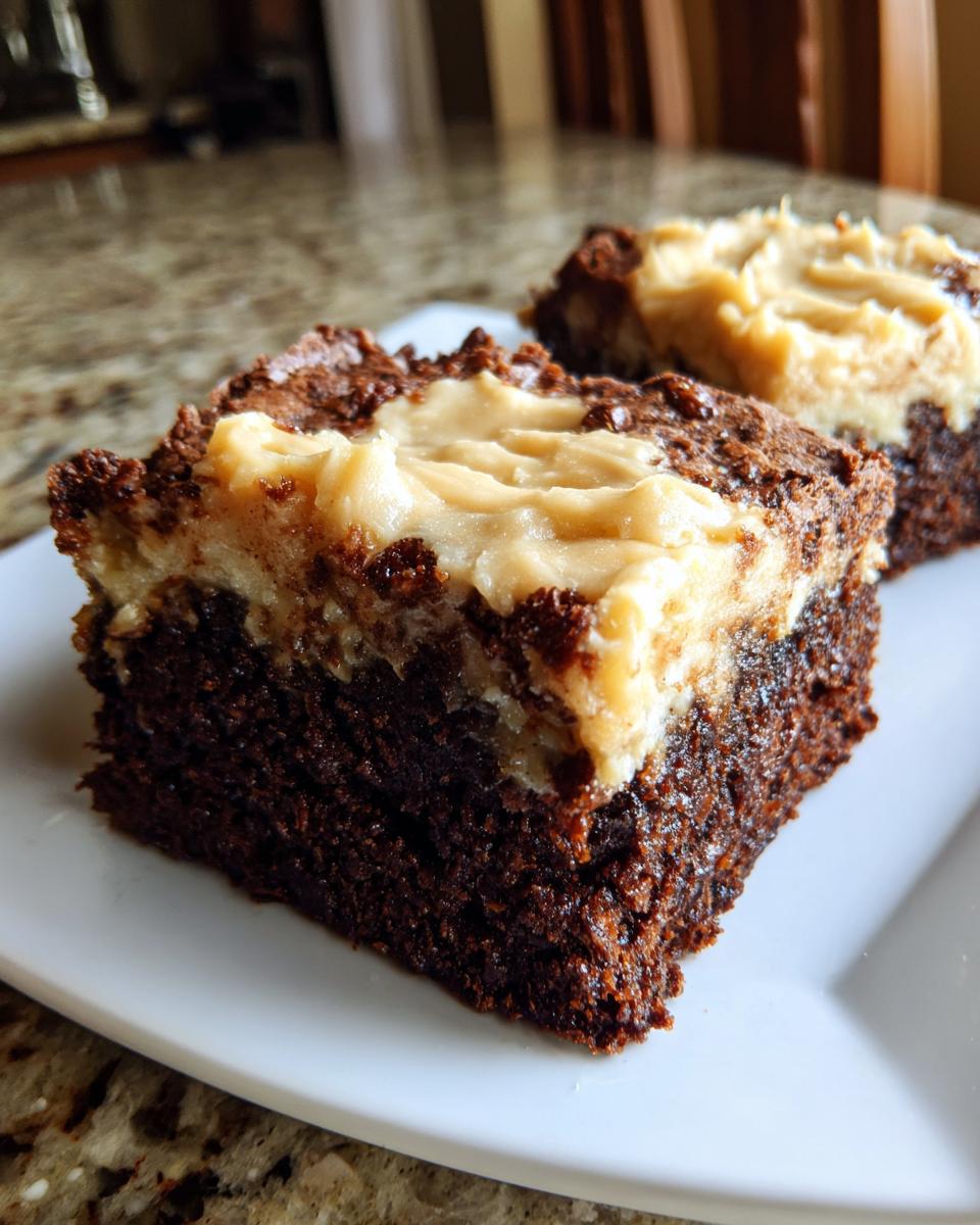 Two squares of rich, dark chocolate banana bread brownies topped with a thick layer of light brown frosting.