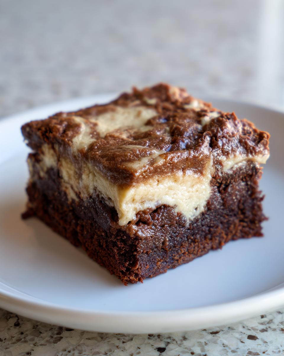 Close-up of a fudgy banana bread brownies square with a cream cheese swirl topping on a white plate.